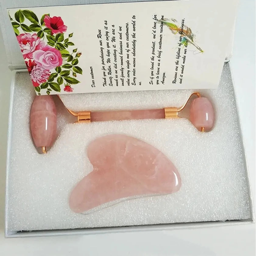Rose Quartz Gua Sha & Jade Facial Roller Set